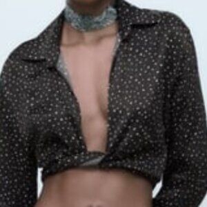 ZARA MS SZ X-LARGE BLACK WITH WHITE PIN DOT SATIN TIE FRONT SATIN CROPPED BLOUSE